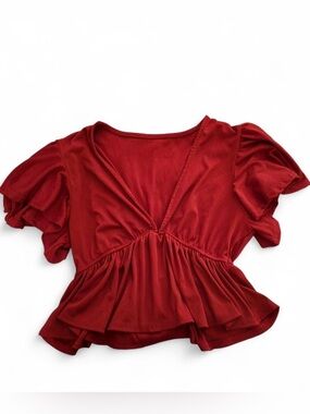 SHEIN Red V-Neck Peplum Short Sleeve Top
